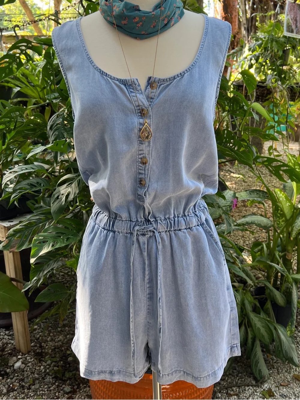 Wishlist Washed Denim Sleeveless Romper with Drawstring